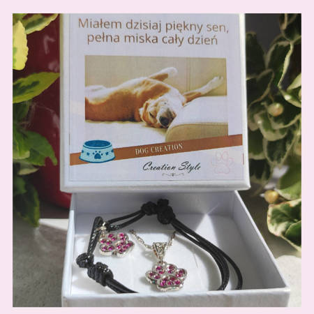 Prezent dla miłośniczki psów- zestaw bransoletka i wisiorek z czerwonymi kryształkami